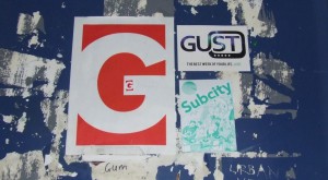 GUM/Guardian door with GUST 2013 leaflet and Subcity 2014 Freshers' Week Zine.