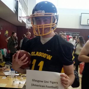 Glasgow University Tigers American Football Team President in full kit at the GUSA Sports Fayre for Freshers' Week 2015.
