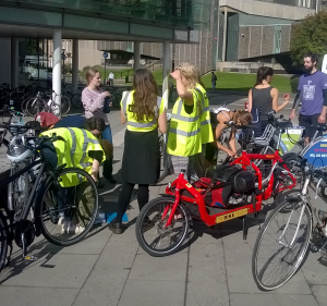 Glasgow University Environmental Sustainability Team (GUEST) getting ready for a bicycle tour of the West End during Freshers' Week 2015.