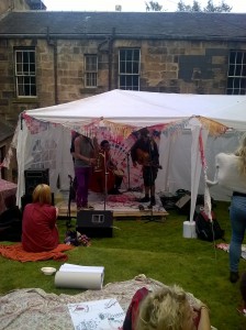 Glasgow University Environmental Sustainability Team (GUEST) bicycle powered stage for the Hidden Lane Festival in Freshers' Week 2015. Samson Sounds playing.