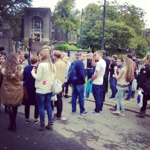 A large crowd gathered for the campus tour on the Monday of Freshers' Week 2015.